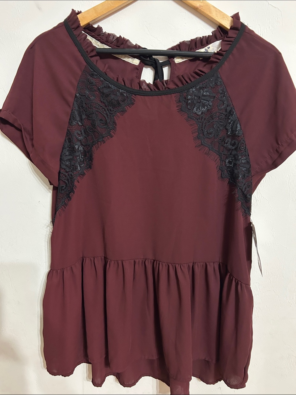 Jolt Burgundy Peplum Top with Black Lace Insets Size L NWT
